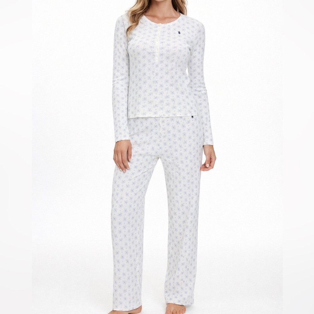 🌸NWT Polo by Ralph Lauren 100% cotton floral white and Blue pj set Large